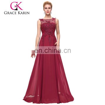 Grace Karin Plus Size Sleeveless V-Back Wine Red Chiffon Evening dress for Fat Women CL007555-5