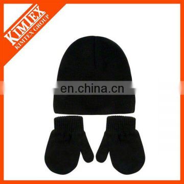 Basic black knit wool scarf hat glove set
