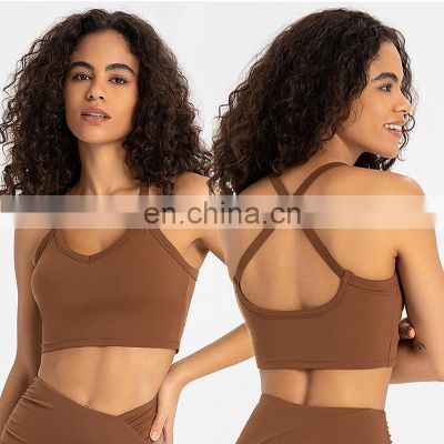 Nude Feeling Wholesale Custom Logo Sexy V Neck Cross Back Straps Workout Gym Fitness Yoga Wear Sports Bra Crop Top for woman