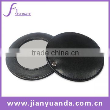 Round real leather compact pocket mirror with swivel cover