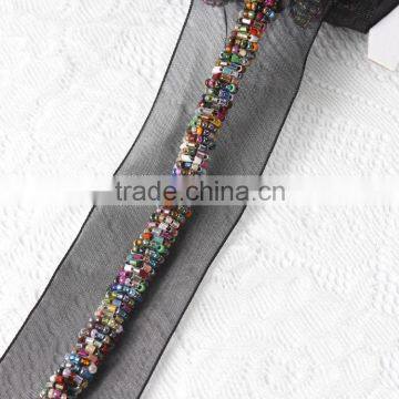 Hnadmade Beaded Lace Trim Sew On Mesh Lace With Colorful Beads Mesh Trims Garment Accessories