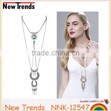 2016 new unique multilayer alloy chain turquoise pendant necklace for girls