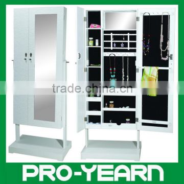 Two Door Wooden Mirrored Jewelry Cabinet with Floor Standing Armoire Furniture Designs and Base below and Cosmetic Mirror inside