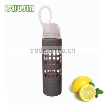 wholesale borosilicate glass sports drink bottle with customizable unique silicone sleeve