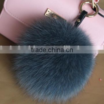 New Design Fluffy Round 14cm Purple Real Fox Fur Pom Poms with Keychain