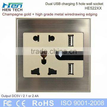 Metal wiredrawing edging plug socket universal wall socket with 2 usb port