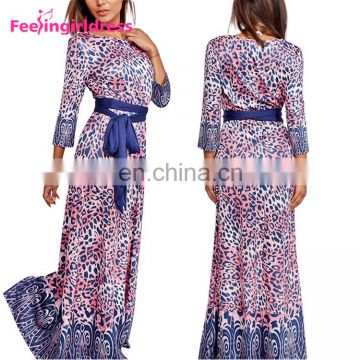 Wholesale India Fashion Printing Floral Leopard Casual Maxi Dress Long Sleeve