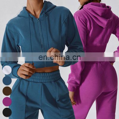New Fashion Casual Sports Workout Top Crop Custom Long Sleeve Full Zip Fleece Warmth Sweatshirt Yoga Hoodie Jacket For Women