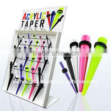 Display with 36 pcs of solid Acrylic UV tapers with O-ring - Sizes 12g - 0g (2mm - 8 mm)
