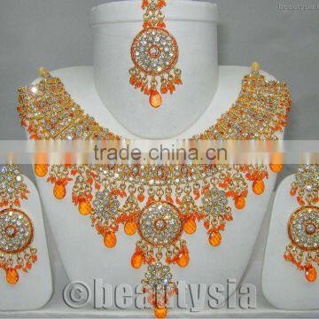 Kundan Gold Tone CZ Beautiful Stunning Royal Orange Goltikla Necklace Set E42