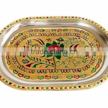 RED ROSE DESIGNED STAINLESS STEEL MEENAKARI DECORATIVE TRAY - G.M. (8.35" x 12.50" x 0.87" INCHES)