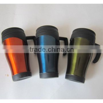 450ml Double wall insulated plastic coffee mug with stainless steel outer