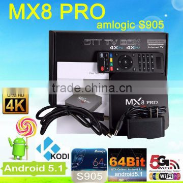High Quality MX8 Pro with 4K Bluetooth Amlogic S905 Google 5.1 Quad Core tv box kodi Mx8 Pro Ott tv box