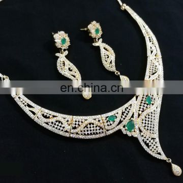 Awesome Green-Color Latest Designer Gold Plated American Diamond Jewelry Necklace Earrings Set
