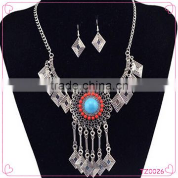 Fashion Jewelry Vintage Look National Style Turquoise Jewelry Set Long Chain Necklace Set