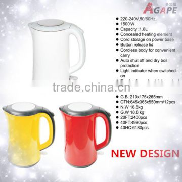 NEWEST 1500W 1.8L Electric Double Layer Water Kettle Stainless Steel Kettle Food Grade Rapid Heating AEK-506