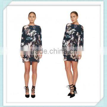 Lady's silk crepe de chin digital printed long sleeve fashion dress