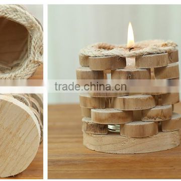 Round wooden glass candle stand with wood base