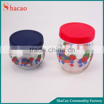 Flower decal printing honey jar glass food storage container with plastic lid
