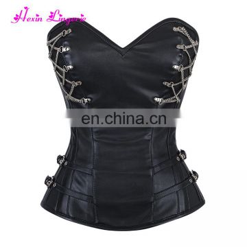 2017 imitation leather steel boned women sexy steampunk waist trainer corset for weight loss