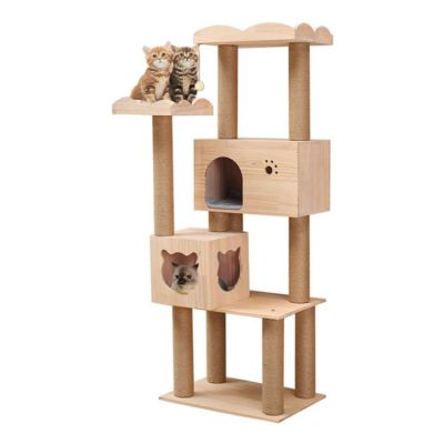 Wooden Cat Tree Condo with Natural Sisal Rope Scratching Post