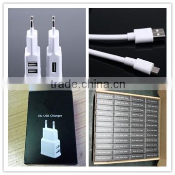 OEM black white gold cutomized logo package and 1m micro cable us eu plug 2a dual usb cell phone charger adapter set