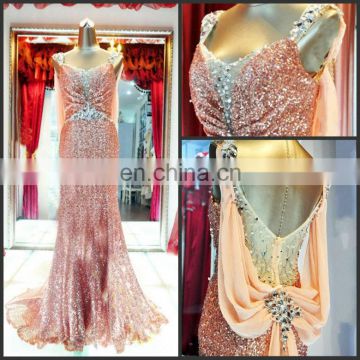 Sexy Cap Sleeve Sparkle Sweetheart Ruched Rhinestone Beaded Satin and Chiffon Trumpet Sweep Train Sequin Evening Prom Dresses
