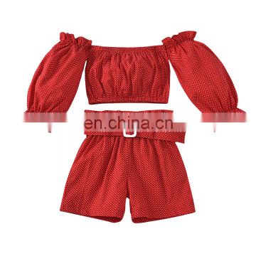 2020 new kids girls red dots off-shoulder blouse + shorts clothing set