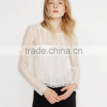Openwork top Back band Long sleeves crochet knit pullover women