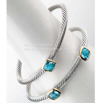 Sterling Silver DY Inspired Designer One Two-Station Blue Topaz Bangles