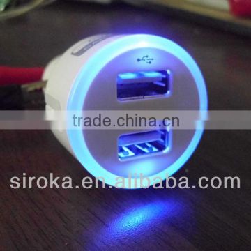 2000mA 2 USB Port Car Charger With Blue LED