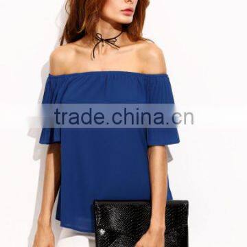 Blouses latest fashion design women clothing Royal Blue Pleated Sleeve Off The Shoulder Blouse