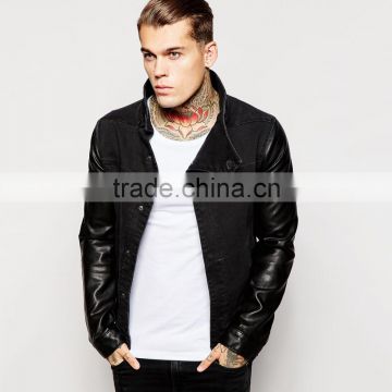 fashion denim black sleeves leather jacket with pocket custom design