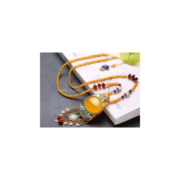 Neffly jewelry natural beeswax yellow chanterelles 4 mm with S925 silver necklace inlaid yellow chalcedony bluing accessories with blood amber beads, lapis lazuli, Nam Hung,