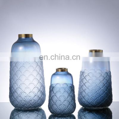 Hot Selling Handmade Set of Three Blue Glass Vase Decorative Flowerpots Cone Cylinder Other Home Decor