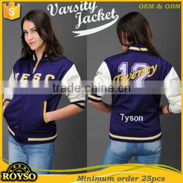 Customize Custom Youth Size American Girls Winter Baseball Bomber Leather Sleeve High School Uniforms College Varsity Jacket