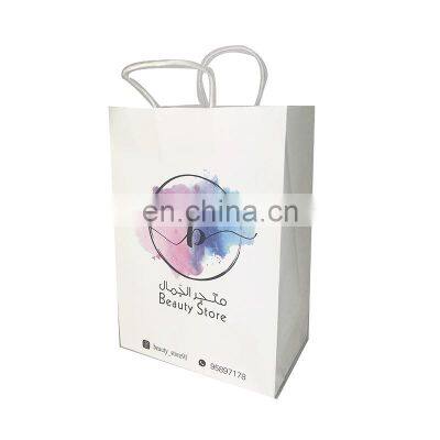 plain cheap wholesale take away recycled  white kraft paper stand up flat bottom bag for Shopping Use with handle