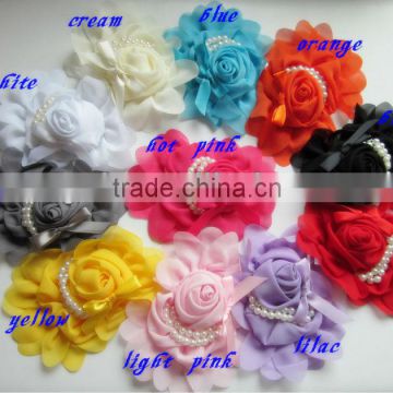 Children Fashion Hair Accessories 5" x 4" Chiffon Rose Flower With Pearl Beads Kids Baby Hair Flower IN STOCK