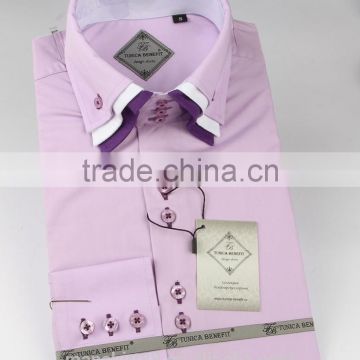 Triple button down collar contrast color collar dress shirt