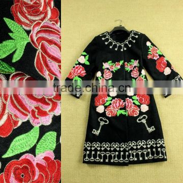 2015 Famous Brand Popular Vintage Key And Flower Embroidery Woolen Black Long Lady Coat