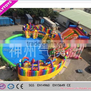 Newest wonderful nice China inflatable ground water park, inflatable candy water theme park, amusement park with pool