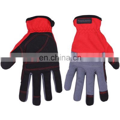 HANDLANDY Breathable Red Mechanic Working Leather Safety Touch Screen Vibration-Resistant Work Gloves For Light Duty Work