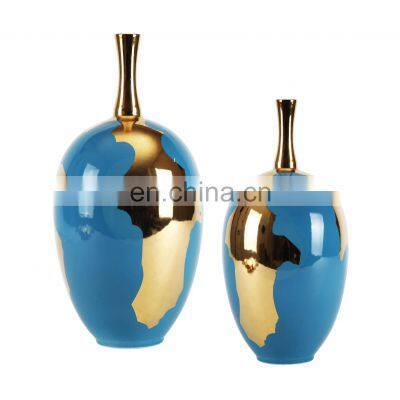 Nordic New Chinese Blue and Golden High Temperature  Porcelain Vase  For Home Decoration