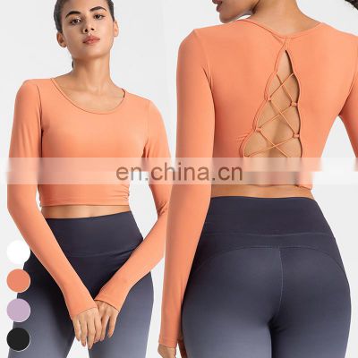 Shockproof Running Clothing Long Sleeve Cross Back Hollow Out Sports Tops Gym Fitness Tshirt Yoga Crop Top For Women With Padded