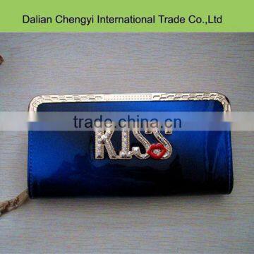 Hot sale cheap blue posh shiny pu purse wallet with decoration