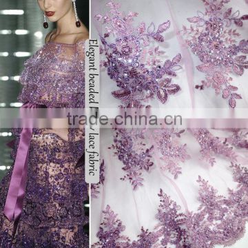 Lilac beaded heavy lace fabric tulle fabric wedding dress beaded french lace broder