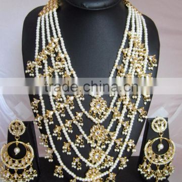 5 line bridal KUNDAN designer pearl GOLD PLATED necklace DANGLER EARRING set