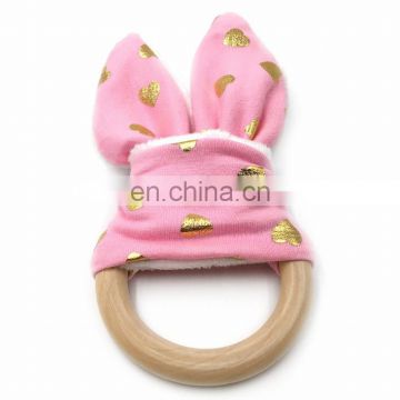 Wholesales eco-friendly bunny ear baby wooden teether chew ring toys