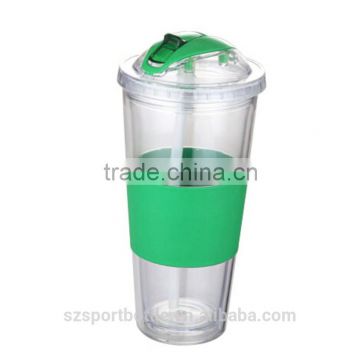 High Class Bpa Free Smoothie 32 oz Clear Plastic Cups with Silicone Sleeve & Straw