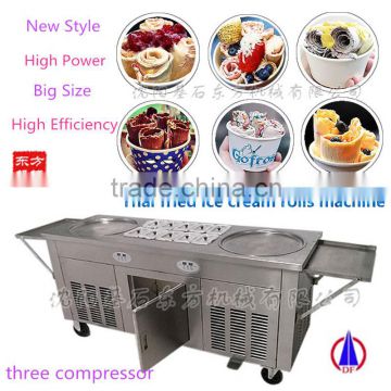 2D10A Three Compressors Big size double-cylinder Thai Fried ice cream Roll Machine with 10 Refrigerated tanks